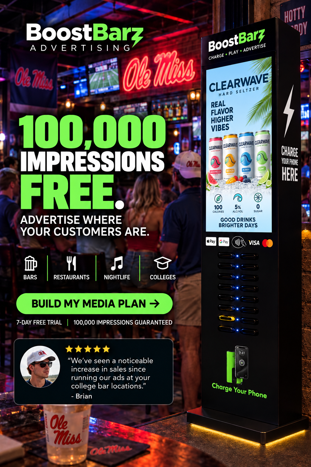 BoostBarz advertising offer featuring a phone charging kiosk