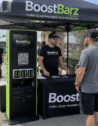 BoostBarz charging kiosk at an event