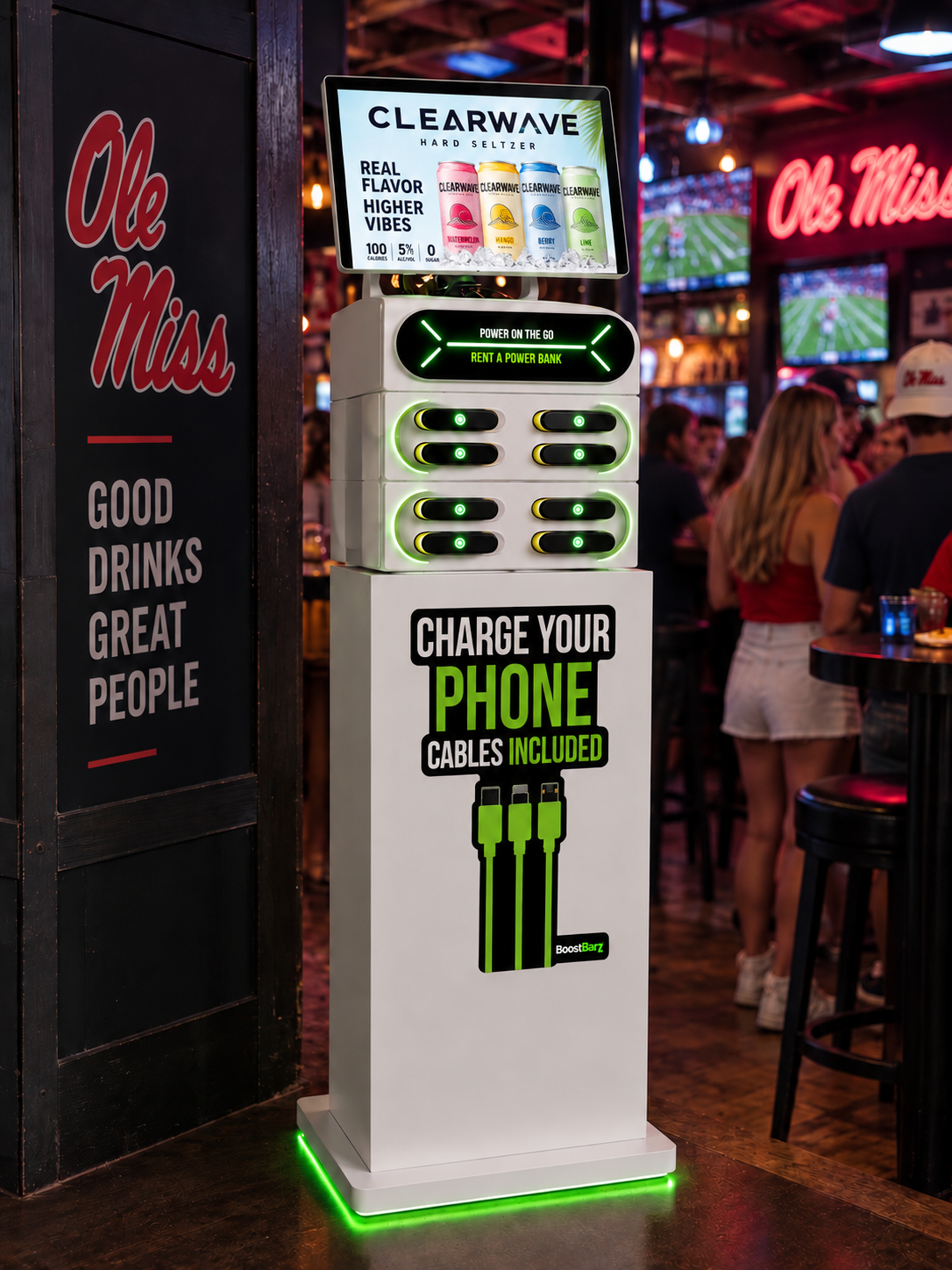 BoostBarz phone charging kiosk in a busy bar